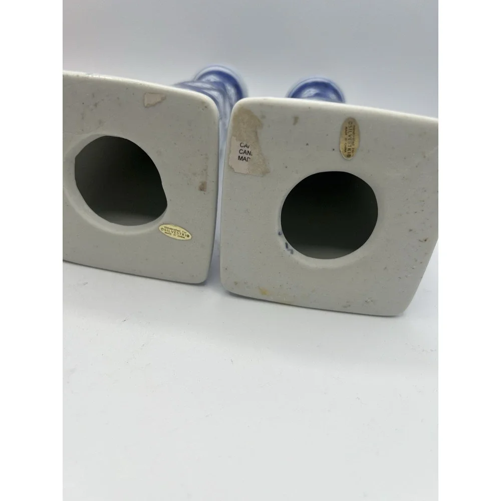 Pair Ceramic Silvestri Cobalt Blue White Taper Candle Holders 8